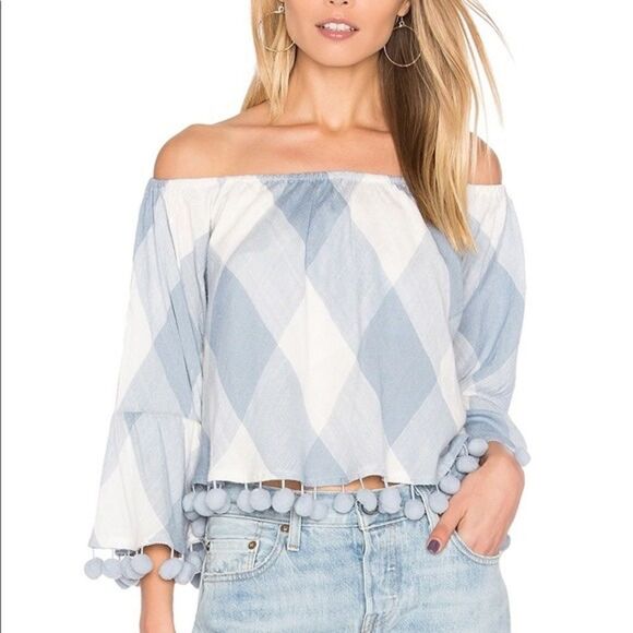 Tularosa Alexa Checkered Off the Shoulder Pom Pom Top - Picture 1 of 7